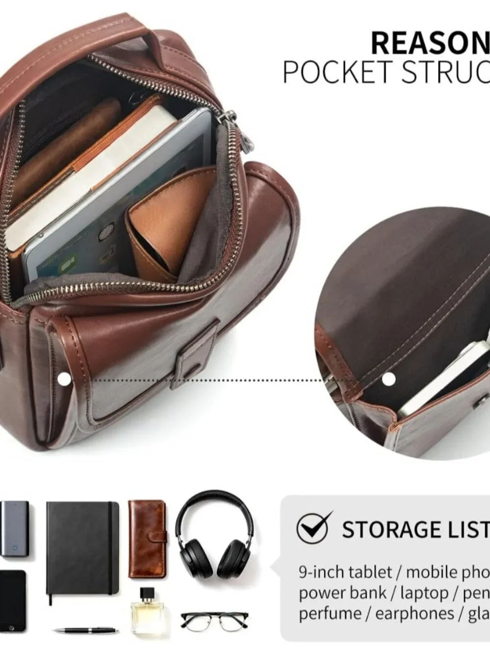 Men's Dark Brown Leather Shoulder Sling Travel Crossbody Magnetic Buckle Bag